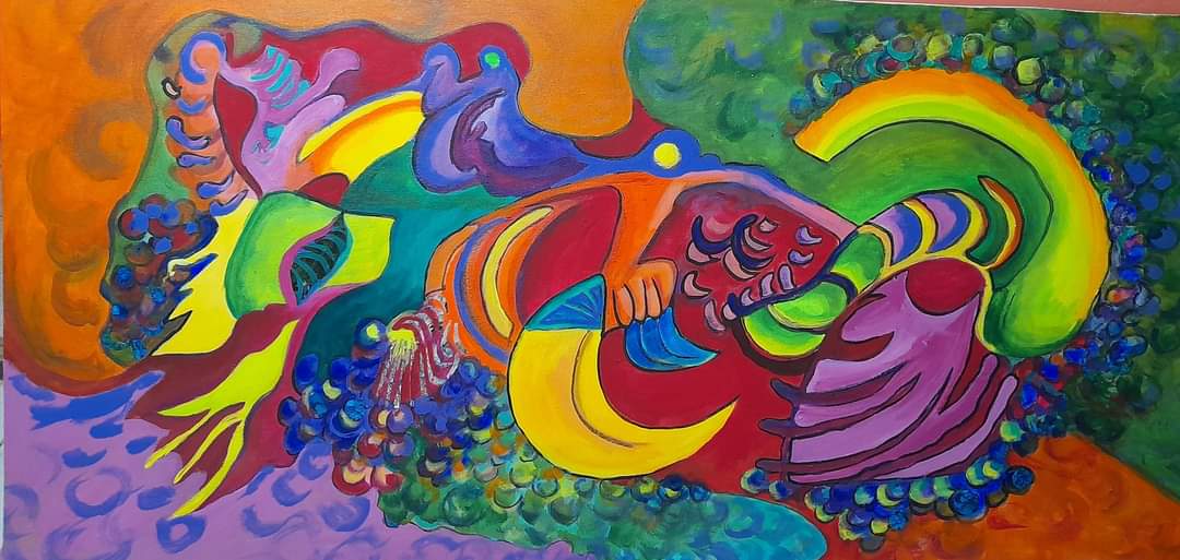 Obra Mixtura, técnica mixta sobre lienzo de 120 por 50 centímetros, año 2022, por Catalina Solari Dorda